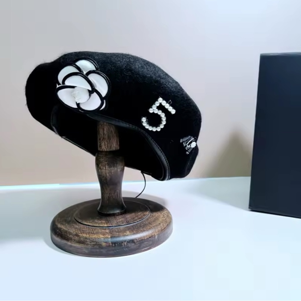 Elegant Black Or Off White Beret with Floral Accent